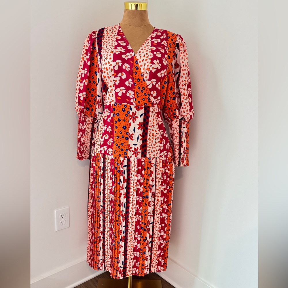 Never Fully Dressed Patchwork Floral VโNeck Midi Dress in Red, Pink, Orange